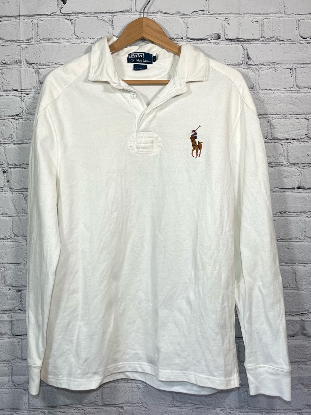 Polo Ralph Lauren Big Pony Rugby Shirt Mens Large White Elbow Shoulder Patches